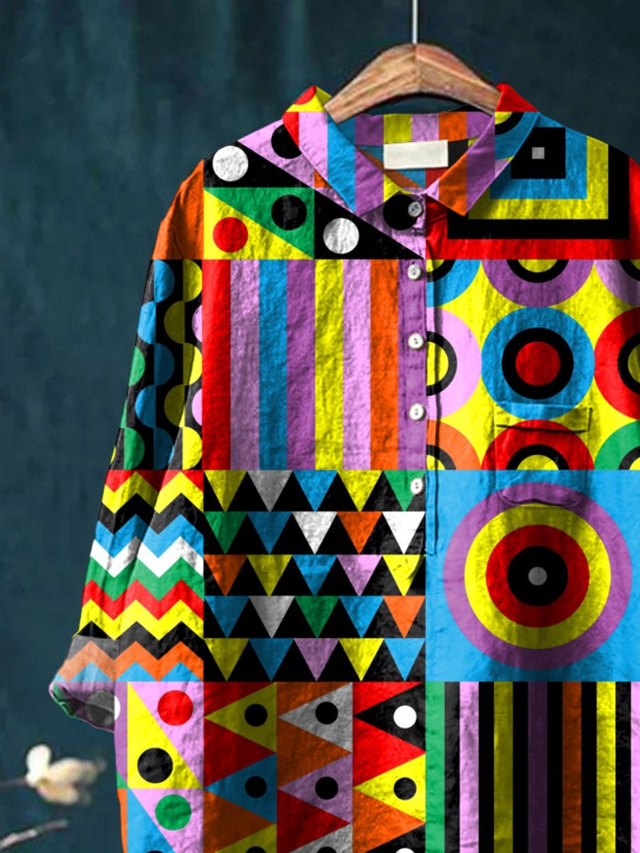 Abstrct Art Printed Women's Casual Cotton And Linen Shirt