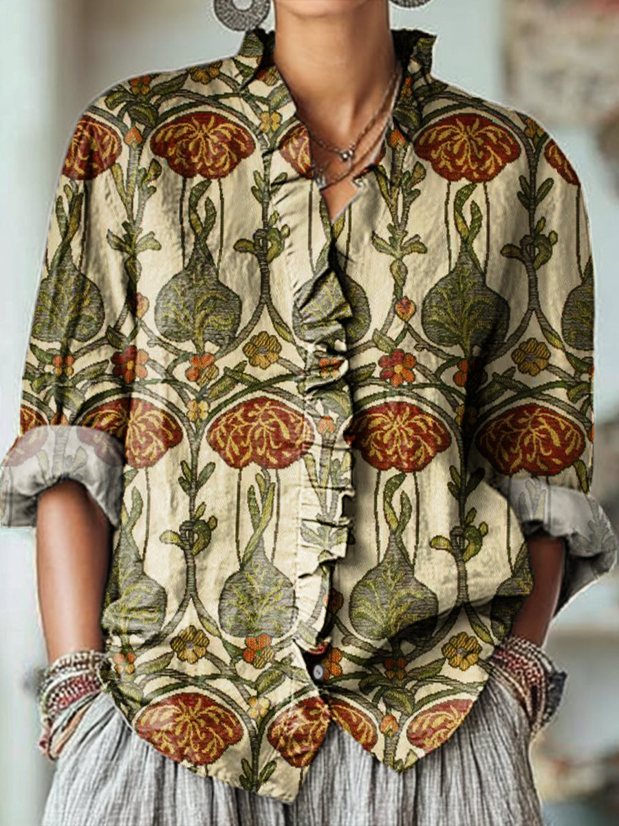 Women's Abstract Ethnic Floral Painting Art Print Casual Cotton And Linen Ruffle Shirt