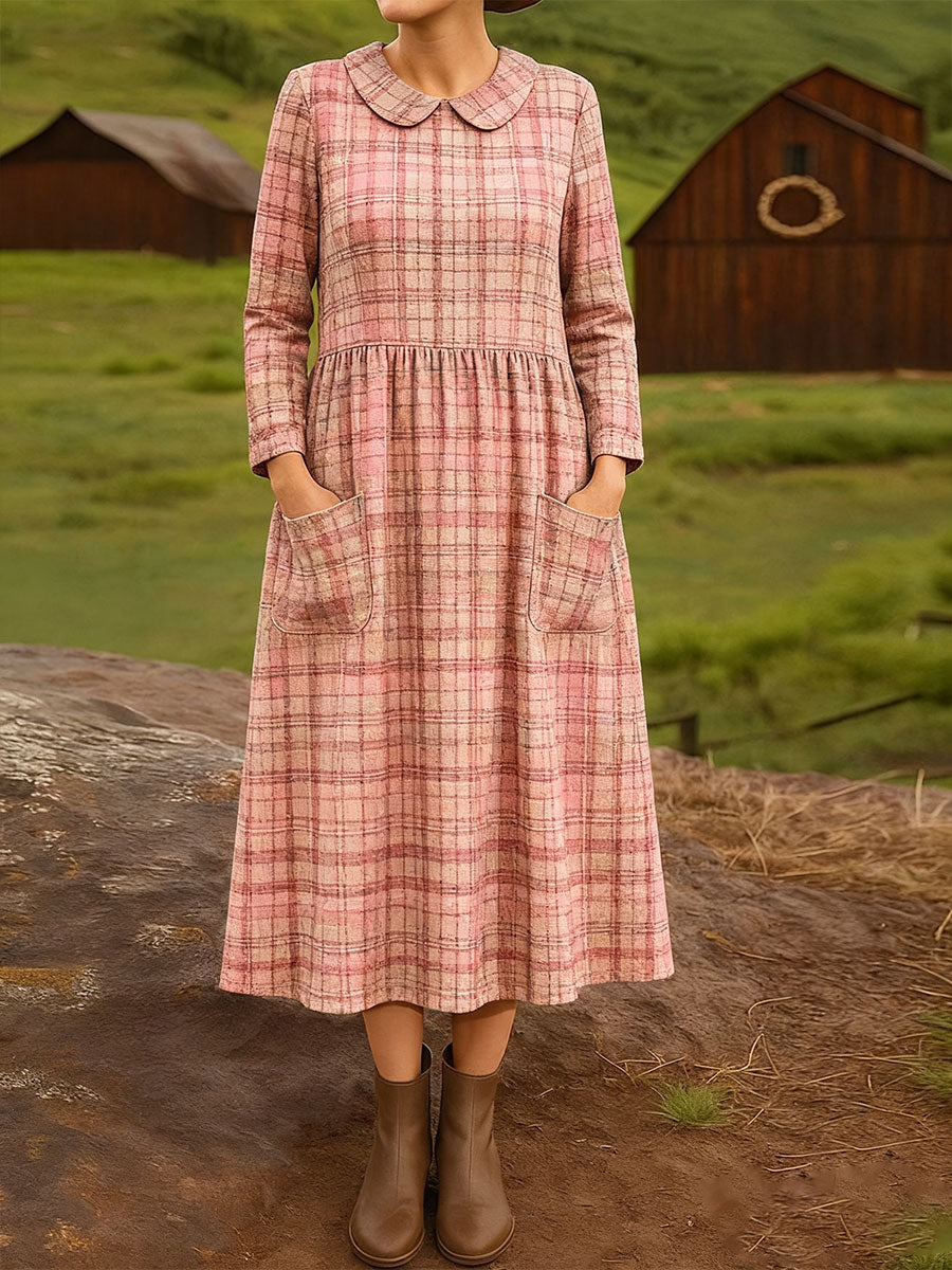 Women's Vintage  Plaid  Art Print Cotton Lapel Button-Down Shirt Dress