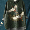 Japanese Style Flying Crane Art Printed Women's Casual Cotton And Linen Shirt