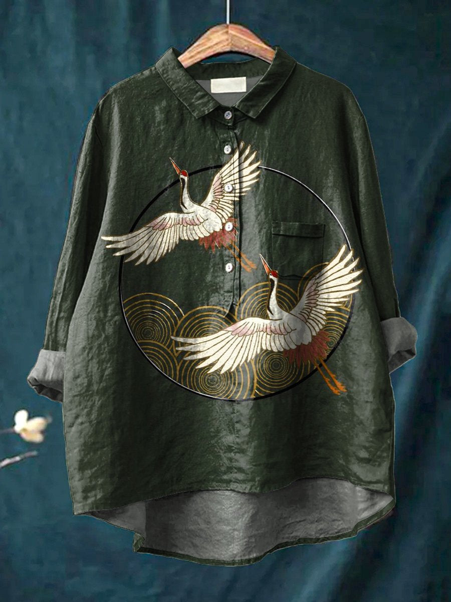 Japanese Style Flying Crane Art Printed Women's Casual Cotton And Linen Shirt