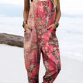 Women's Vintage Floral Art Print Casual 100% Cotton Wide Leg Jumpsuit