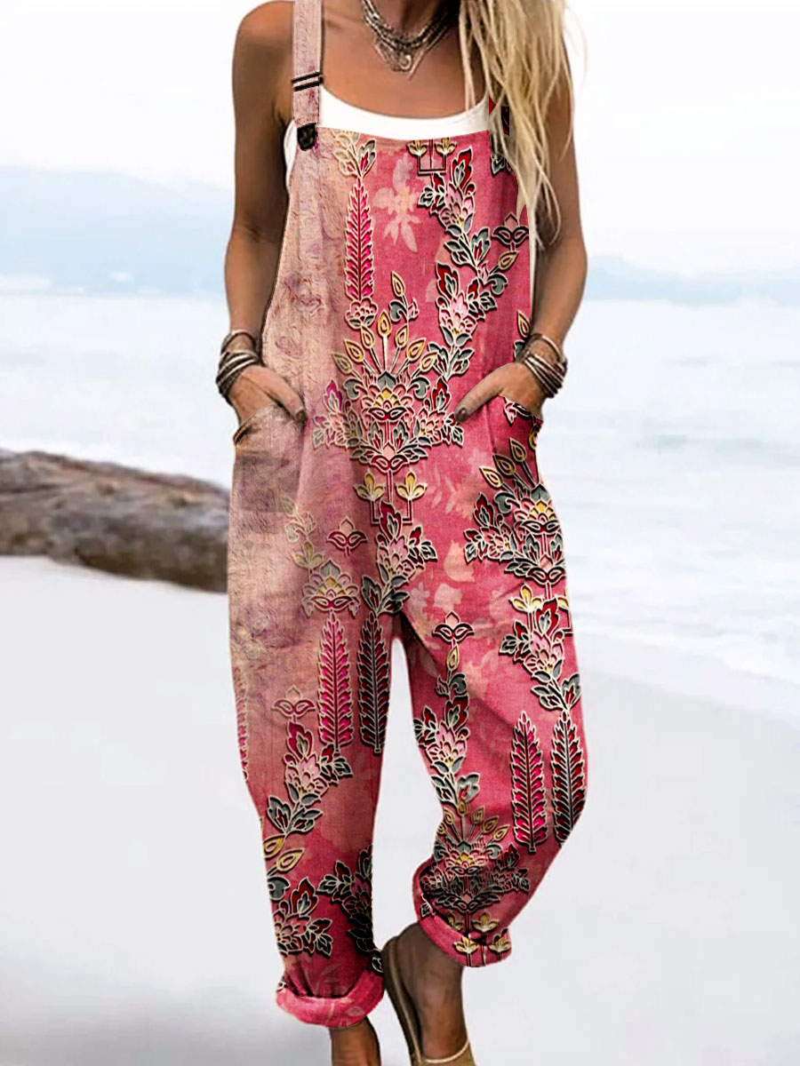 Women's Vintage Floral Art Print Casual 100% Cotton Wide Leg Jumpsuit