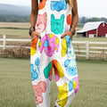 Women's Vintage Dog Art Print Casual 100% Cotton Wide Leg Jumpsuit