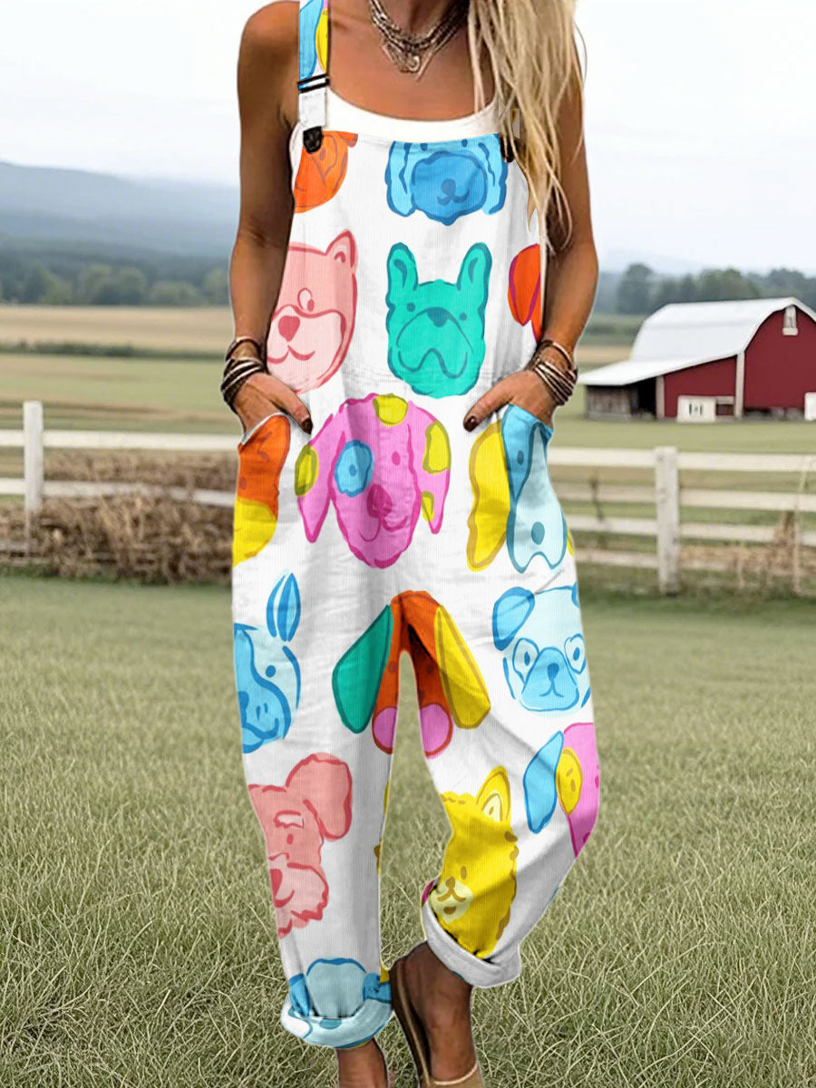 Women's Vintage Dog Art Print Casual 100% Cotton Wide Leg Jumpsuit