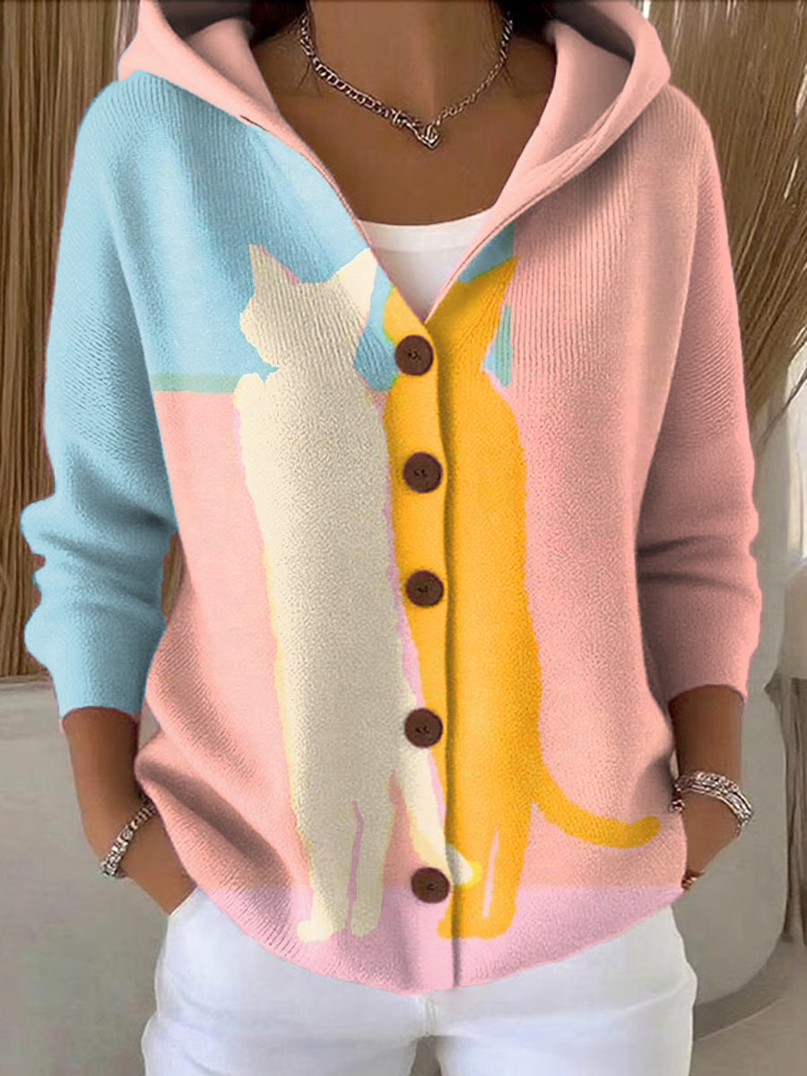 Women's Cute Two Cats Painting Art Print Casual Hooded Button Sweater