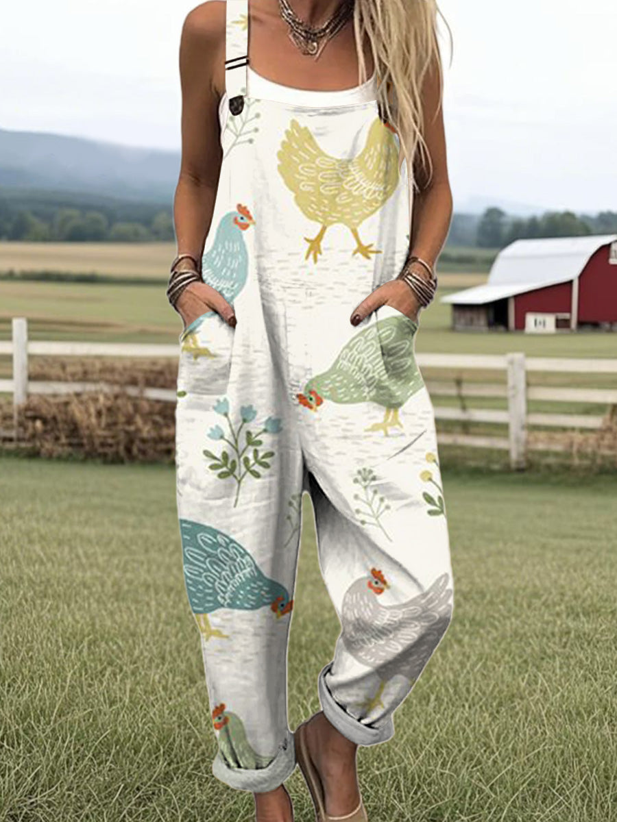 Women's Artistic Tasteful Chick Print Casual 100% Cotton Wide Leg Jumpsuit