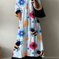 Women's Vintage Flower Bee  Art Print Pocket V-neck Cotton Dress