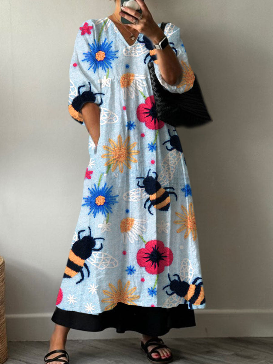 Women's Vintage Flower Bee  Art Print Pocket V-neck Cotton Dress
