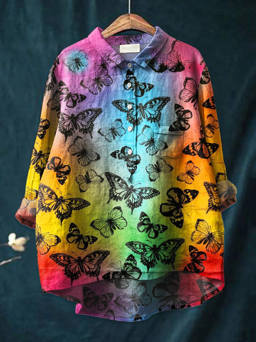 Women's   Butterfly Art Print Casual Cotton And Linen Shirt