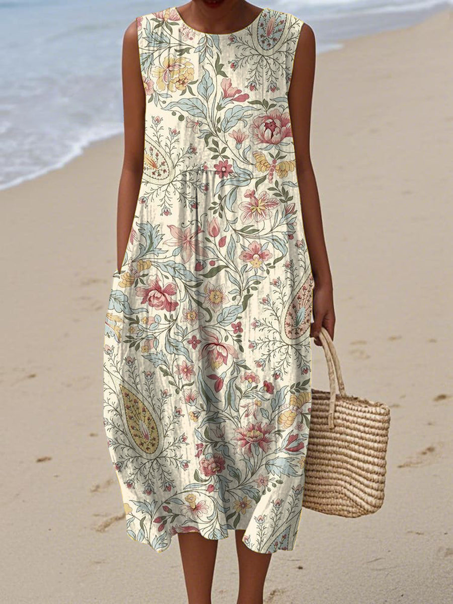 Women's Vintage Ethnic Art Flower Print Sleeveless Cotton Pocket Wrap Dress