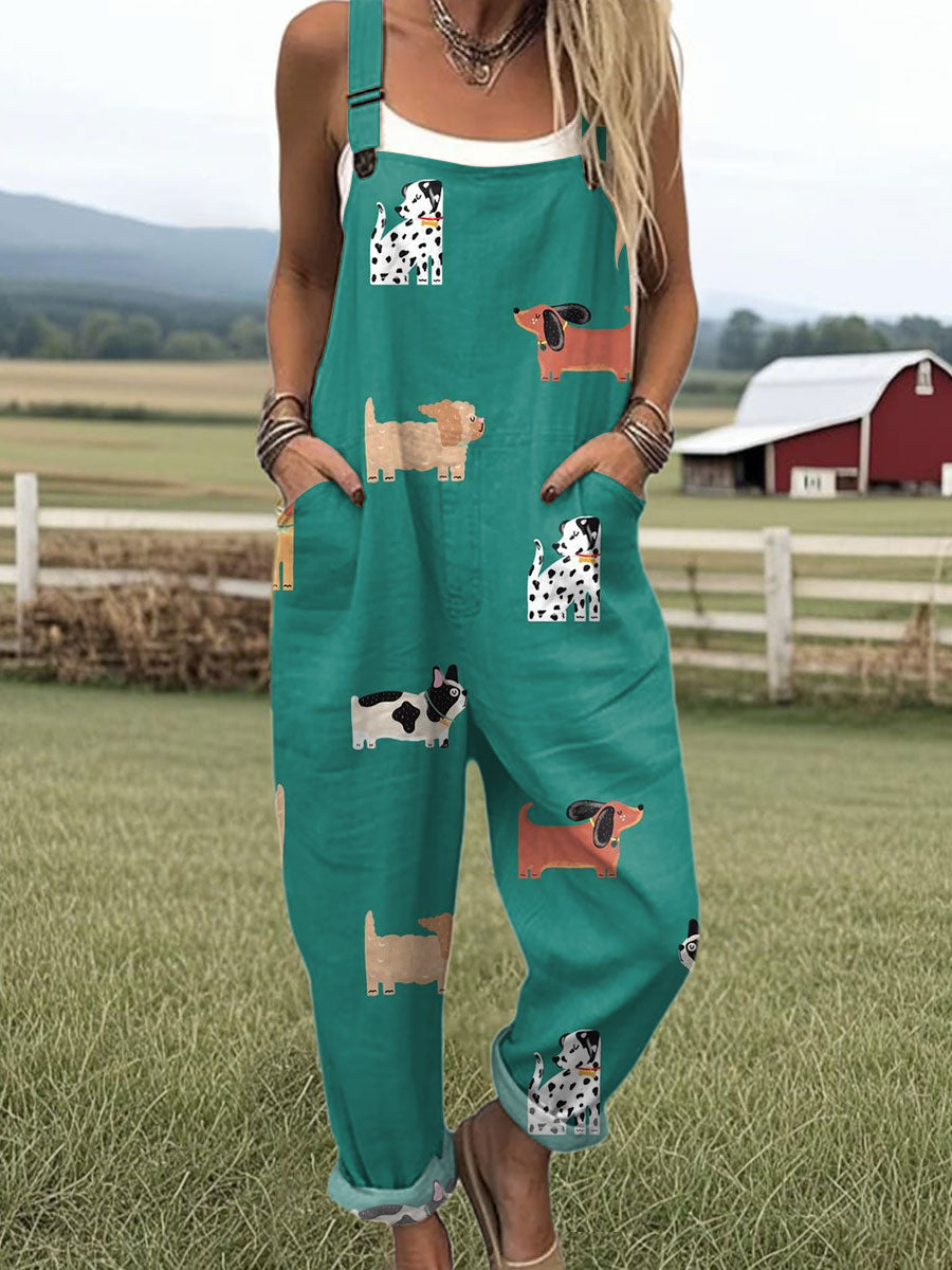 Women's  Funny Dog Art Print Casual 100% Cotton Wide Leg Jumpsuit