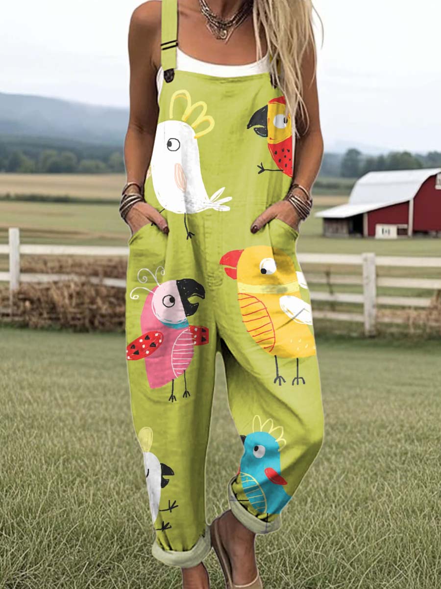 Women's Cartoon Art Bird Print Casual 100% Cotton Wide Leg Jumpsuit