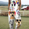Women's  Funny Dog Art Print Casual 100% Cotton Wide Leg Jumpsuit