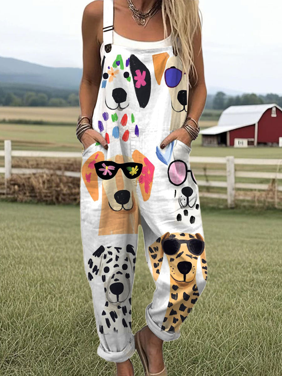 Women's  Funny Dog Art Print Casual 100% Cotton Wide Leg Jumpsuit