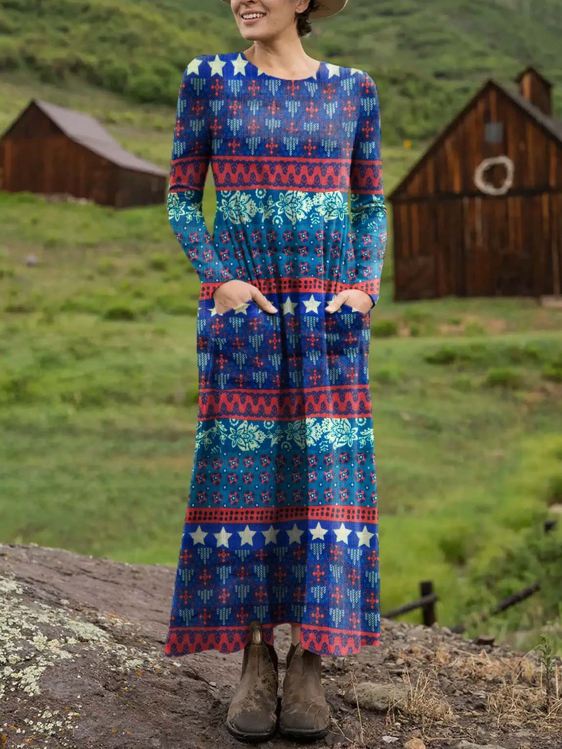 Women's Vintage Floral Art Print Casual Long-sleeved Dress