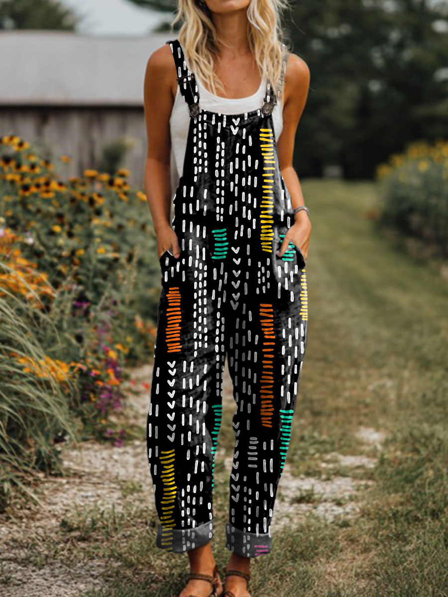Women's  Vintage Abstract Geometric Art Print Casual 100% Cotton Wide Leg Jumpsuit