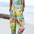 Women's Art Oil Painting Flower Print Casual 100% Cotton Wide Leg Jumpsuit