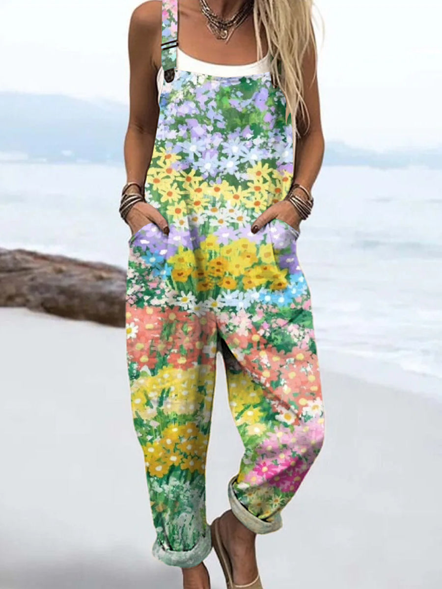 Women's Art Oil Painting Flower Print Casual 100% Cotton Wide Leg Jumpsuit