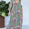 Women's V-neck Long Sleeve Retro Floral Print Casual Cotton and Linen Dress