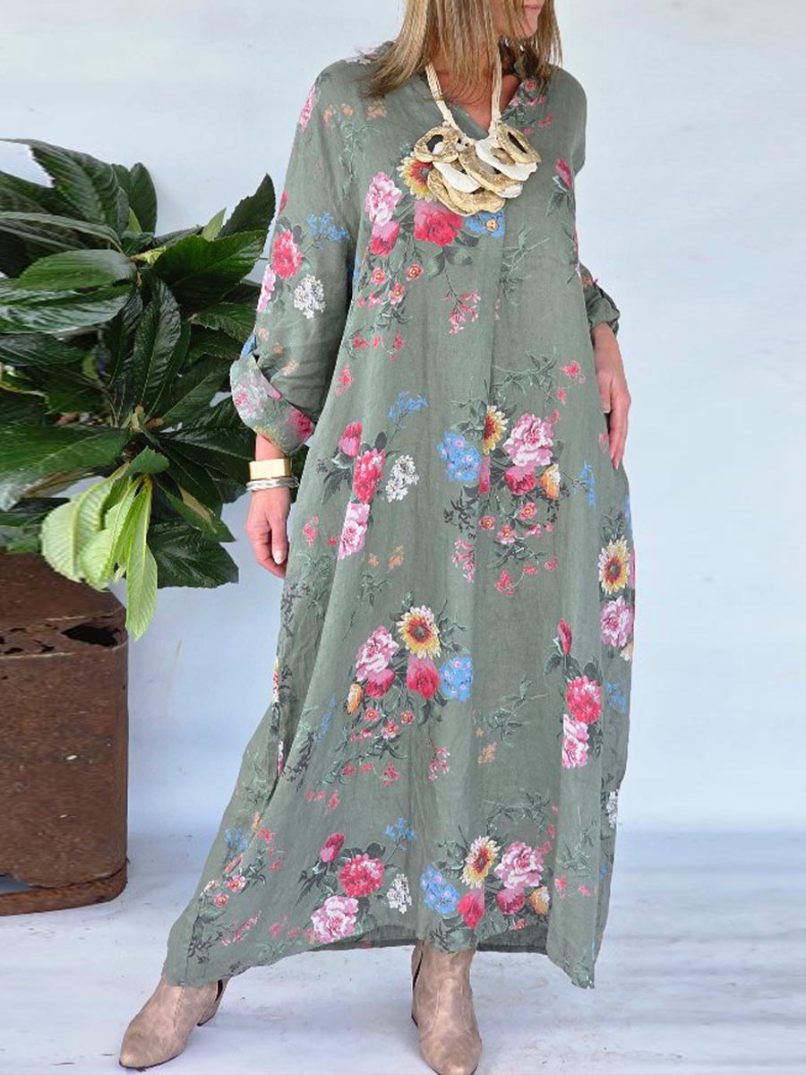 Women's V-neck Long Sleeve Retro Floral Print Casual Cotton and Linen Dress