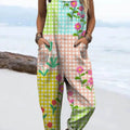 Women's Vintage Lovely Floral Patchwork Pattern Art Print Casual 100% Cotton Wide Leg Jumpsuit