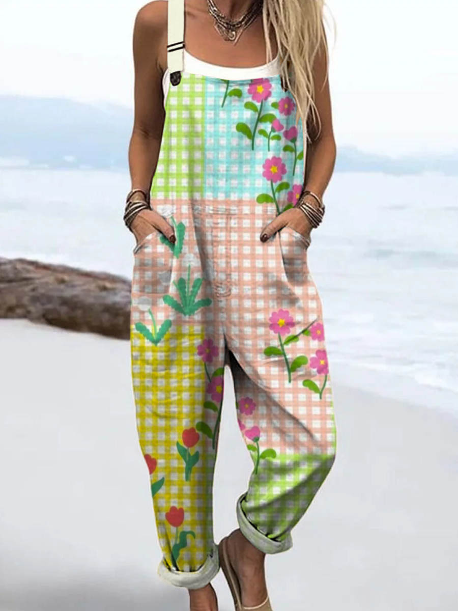 Women's Vintage Lovely Floral Patchwork Pattern Art Print Casual 100% Cotton Wide Leg Jumpsuit