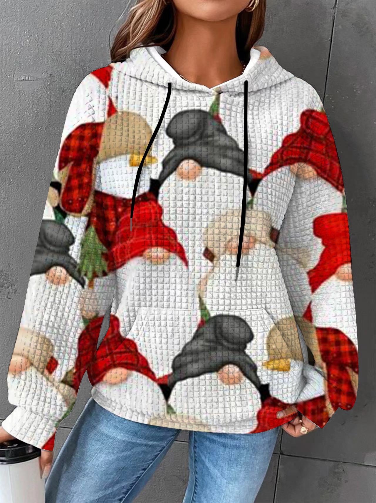 Plus size Autumn/Winter Women's Waffle Essential Creative Printed Long Sleeve Hooded Sweatshirt