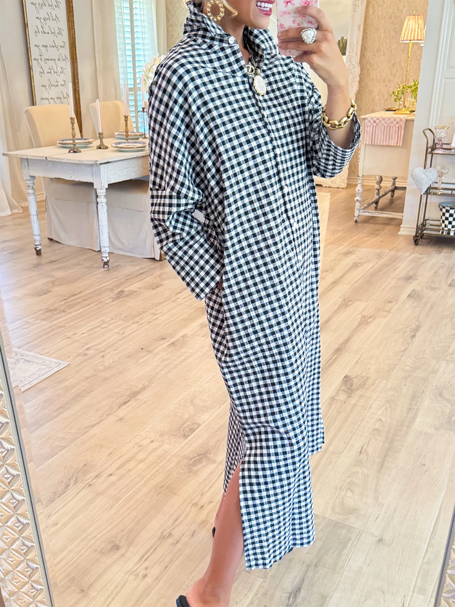 Women's Cotton Plaid Loose Slit Dress