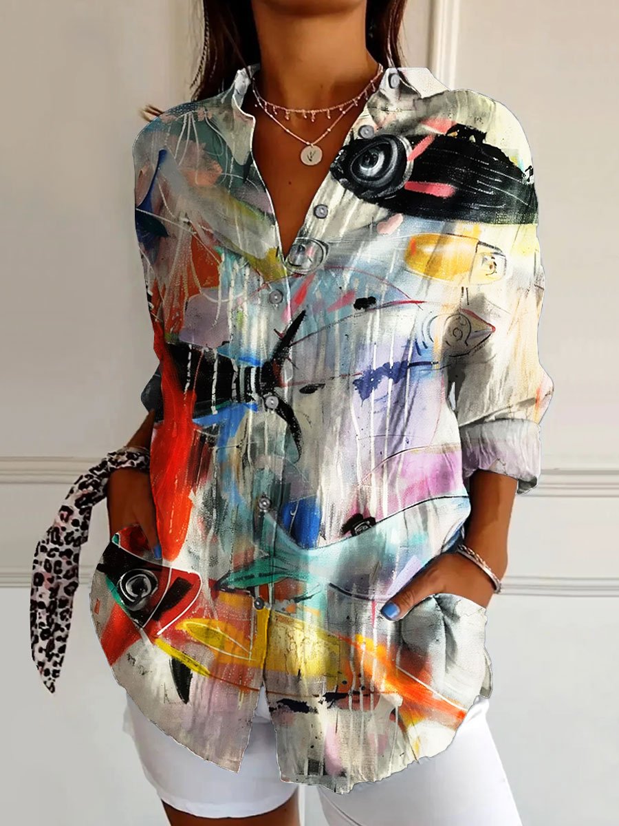 Women's Vintage Fish Art Print Casual Cotton Shirt