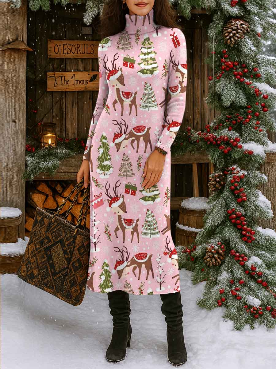 Women's Christmas Print Turtleneck Long Sleeve Casual Loose Knit Dress