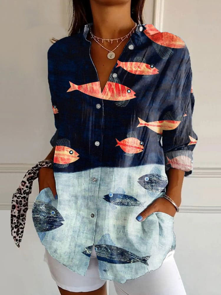Women's  Fish  Art Print Casual Cotton Shirt