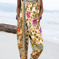 Women's Vintage Flower Art Print Casual 100% Cotton Wide Leg Jumpsuit
