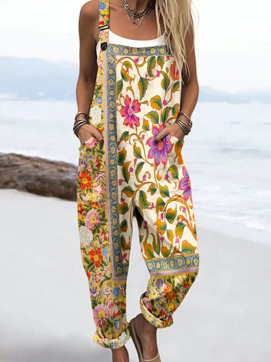 Women's Vintage Flower Art Print Casual 100% Cotton Wide Leg Jumpsuit