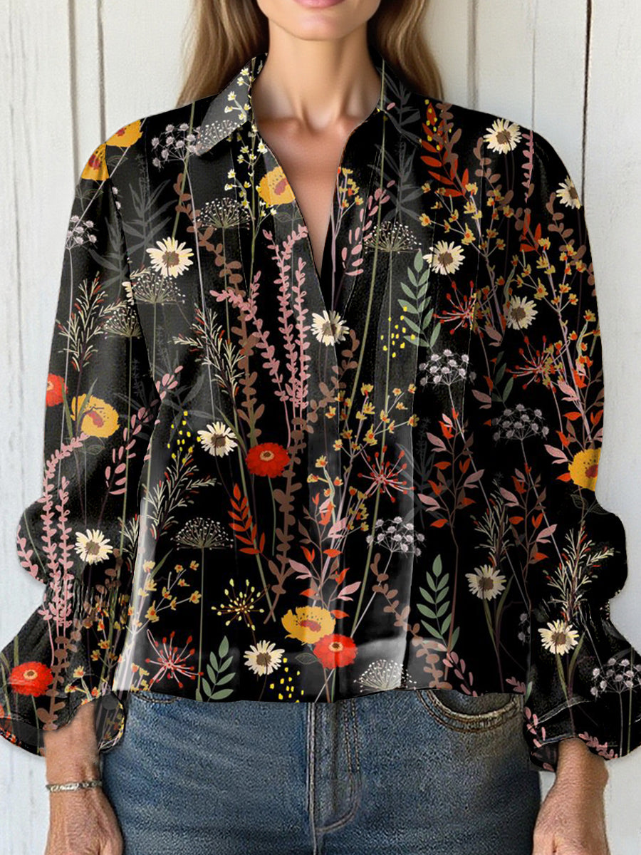 Women's  Vintage Flower Art Print Casual  Cotton And Linen Shirt