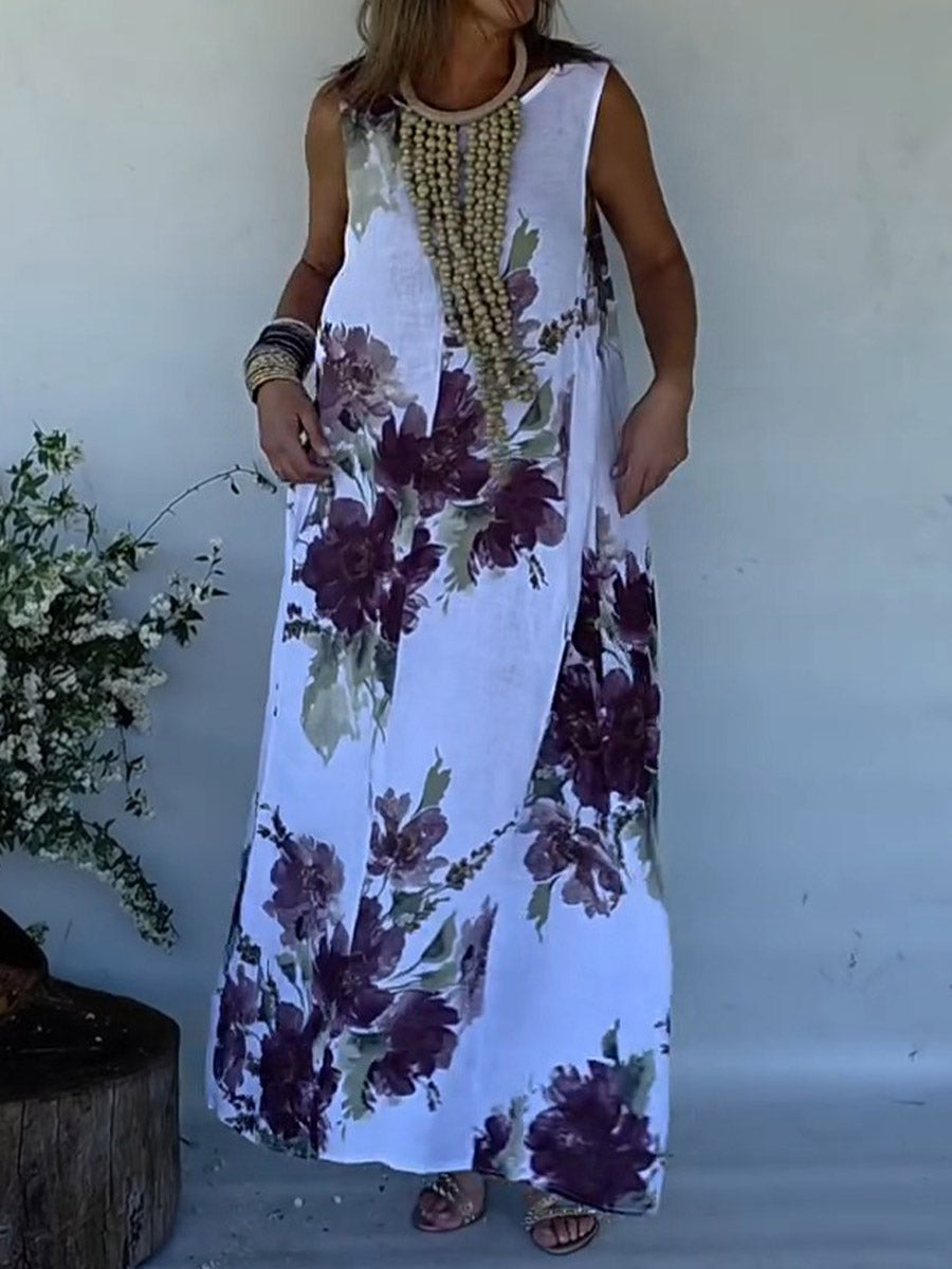 Women's Retro Print Round Neck Sleeveless Casual Cotton and Linen A-Line Dress
