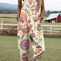 Women's Artistic Creative Bird Flowers Print Casual 100% Cotton Wide Leg Jumpsuit