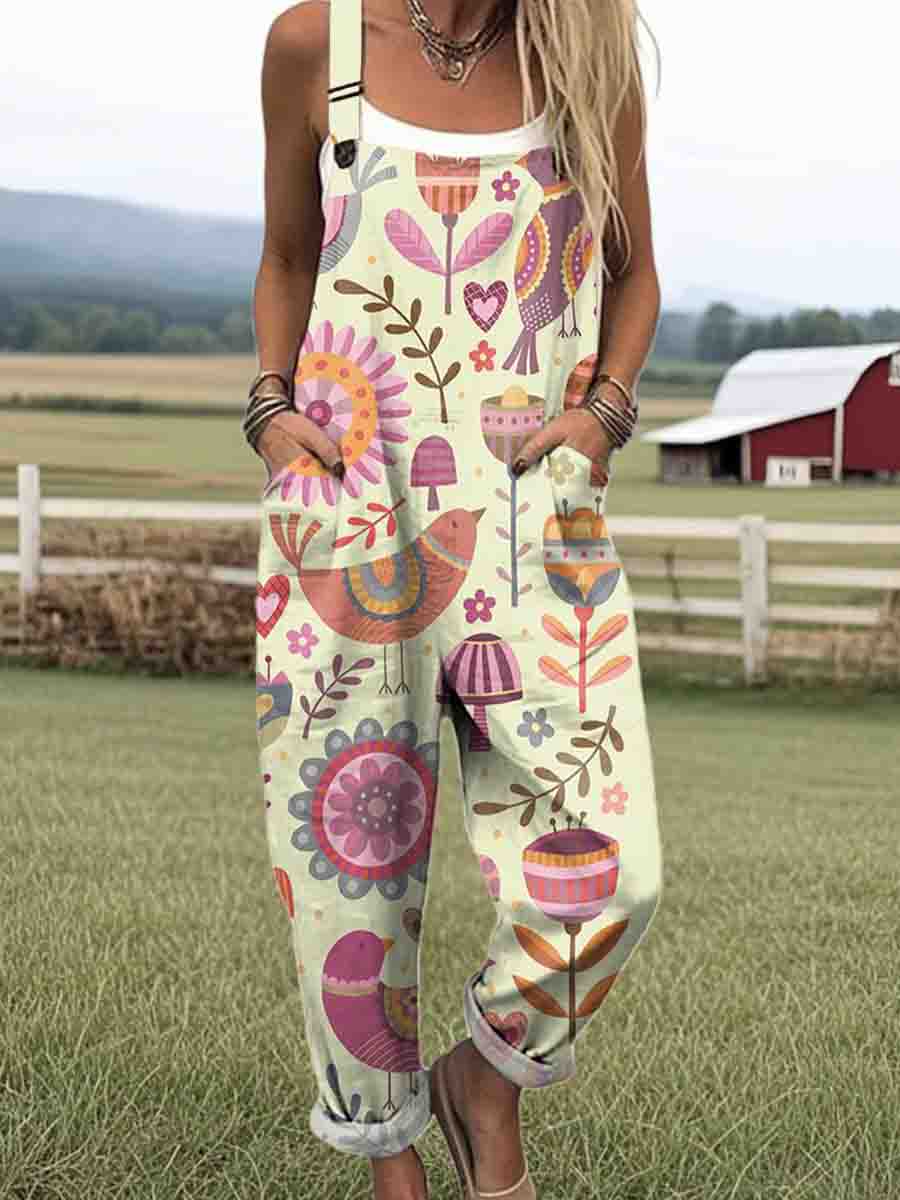 Women's Artistic Creative Bird Flowers Print Casual 100% Cotton Wide Leg Jumpsuit
