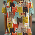 Women's Vintage Lovely Cats Art Print Casual Cotton And Linen Shirt