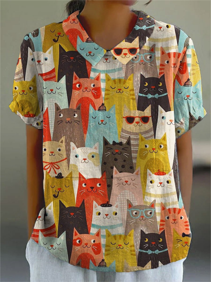 Women's Vintage Lovely Cats Art Print Casual Cotton And Linen Shirt