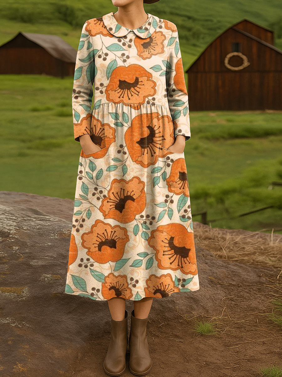 Women's Beautiful Vintage Large Floral Art Print Cotton Lapel Button-Down Shirt Dress