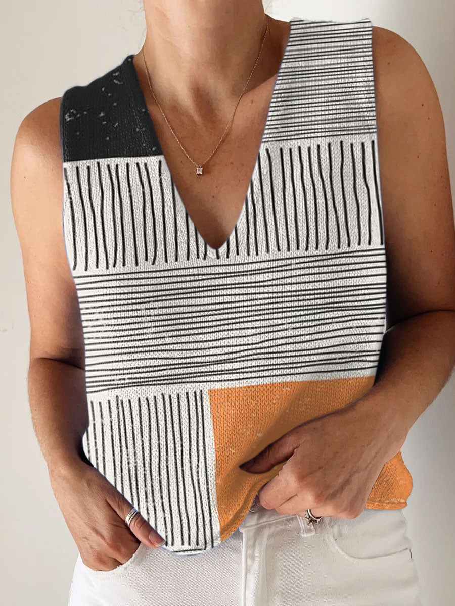 Women's Vintage Abstract Geometry Art Print Casual V Neck Top Knitting