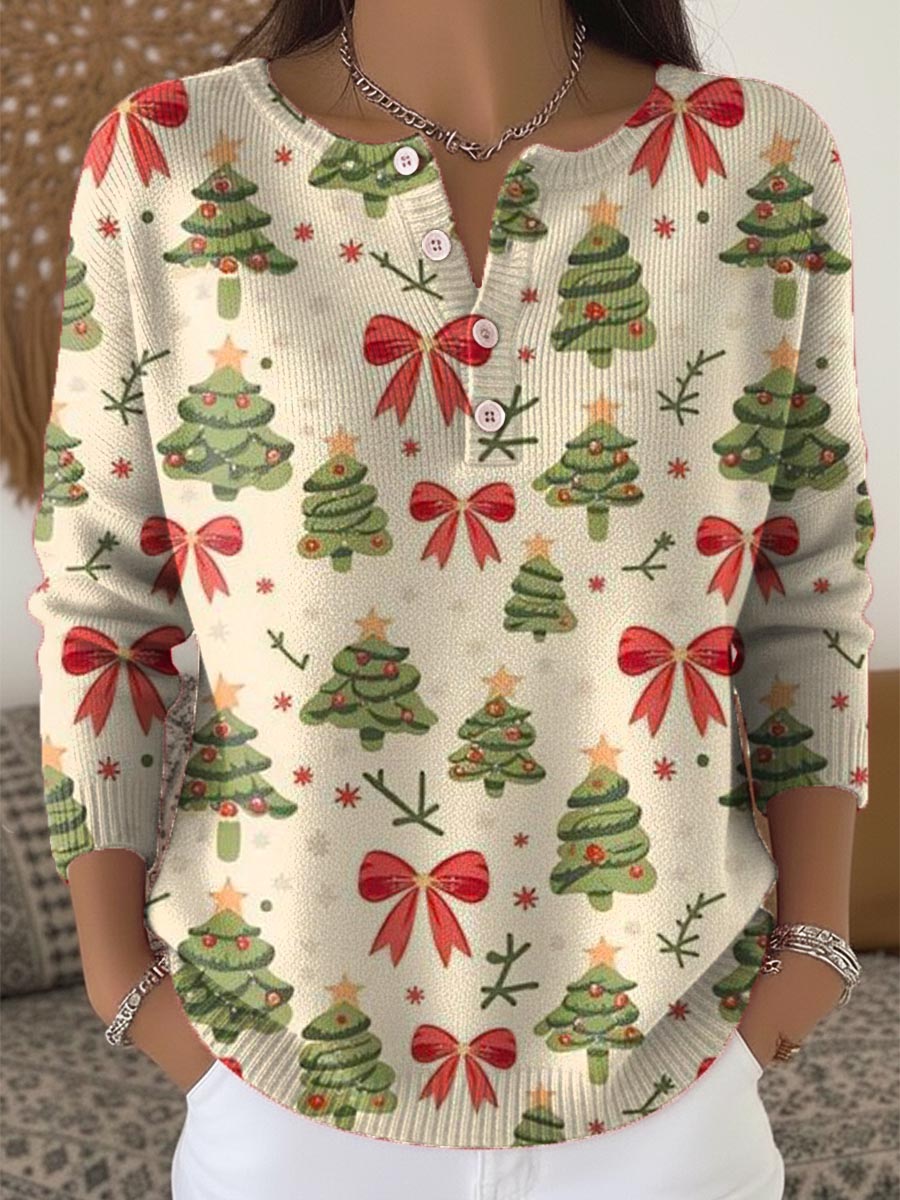 Women's Christmas Tree Pattern Art Print Buttoned Cardigan Sweater