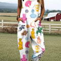 Women's Colorful Sculpture Art Print Casual 100% Cotton Wide Leg Jumpsuit