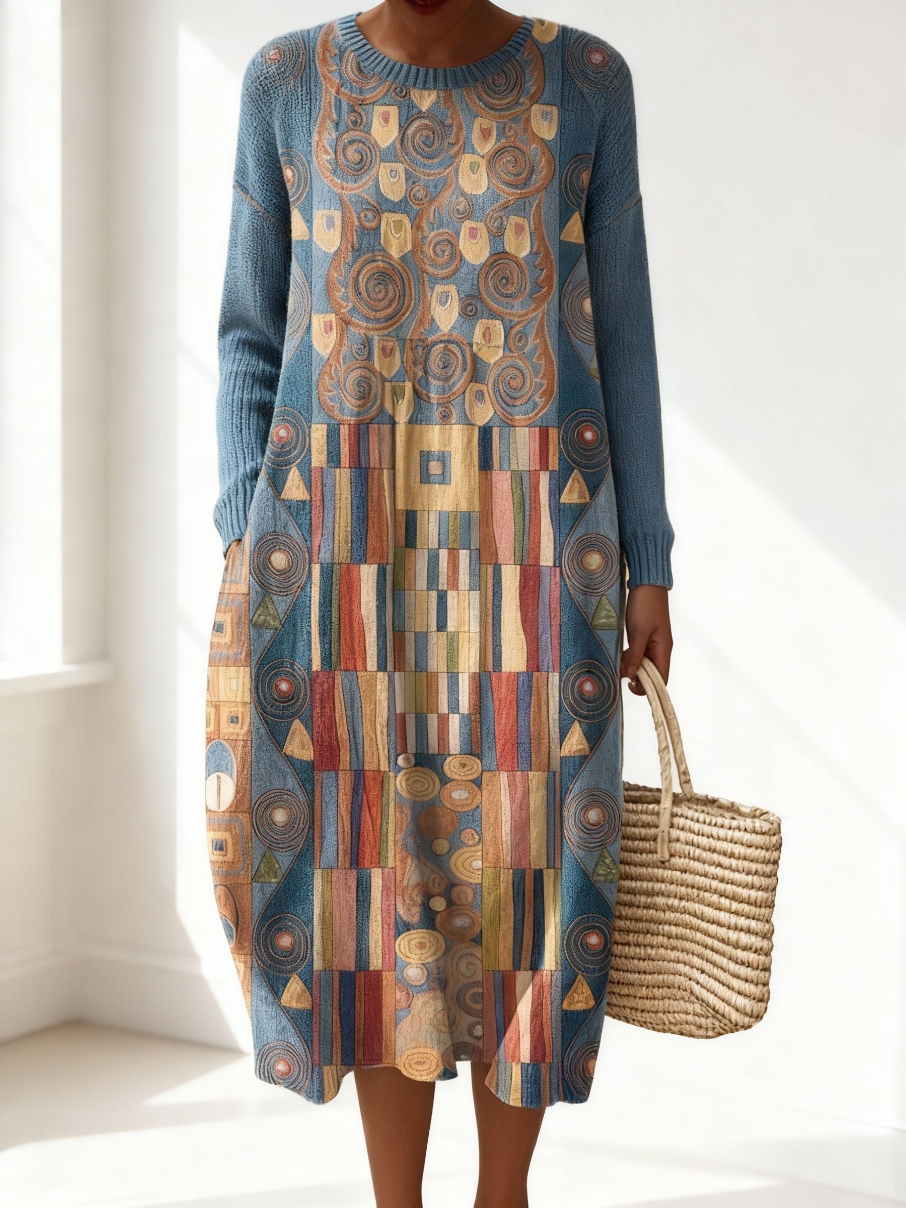 Women's Geometric Art Print Casual Cotton Sweater Dress