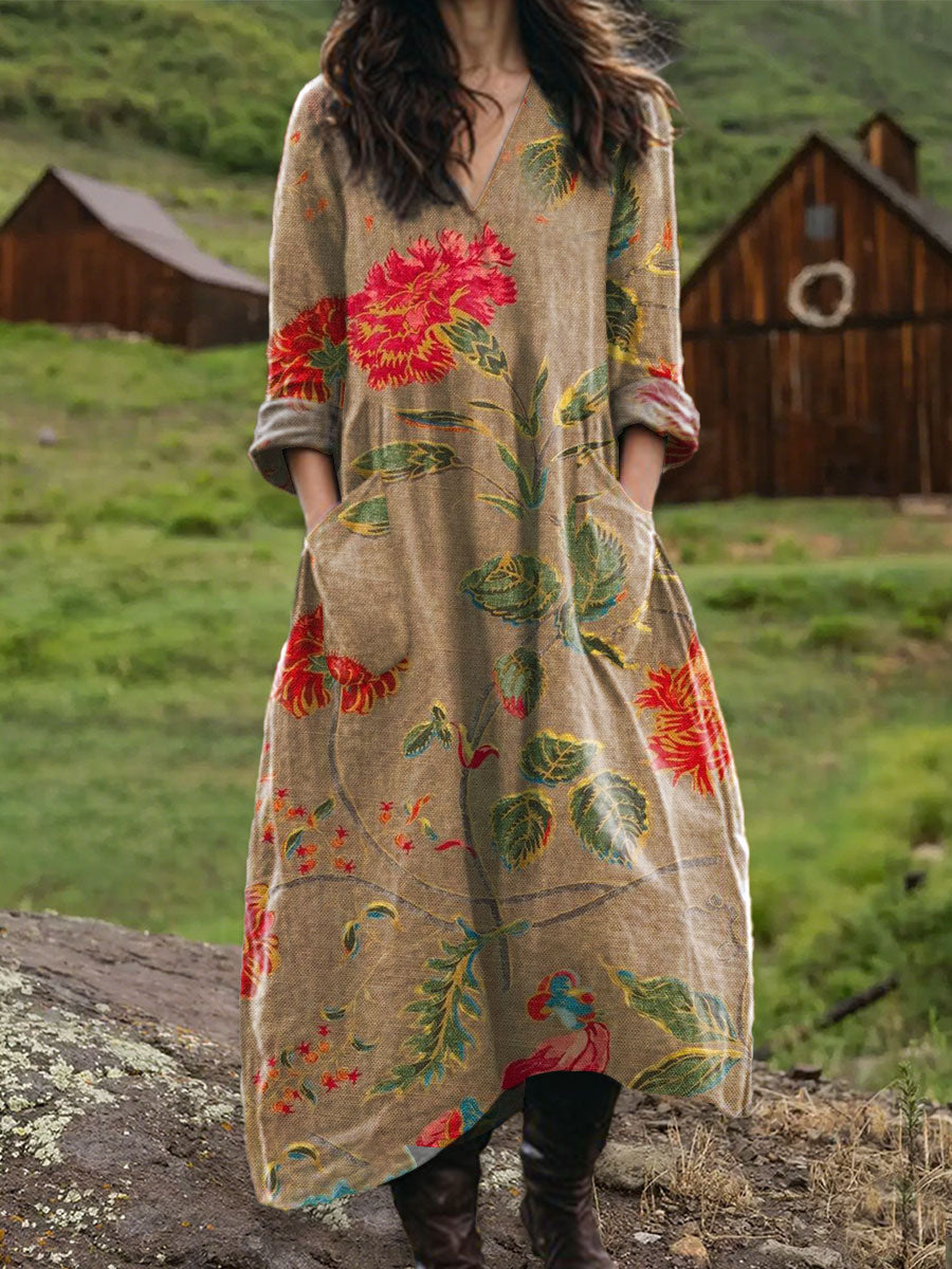 Women's Vintage Floral Art  Print Pocket V-neck Cotton Dress