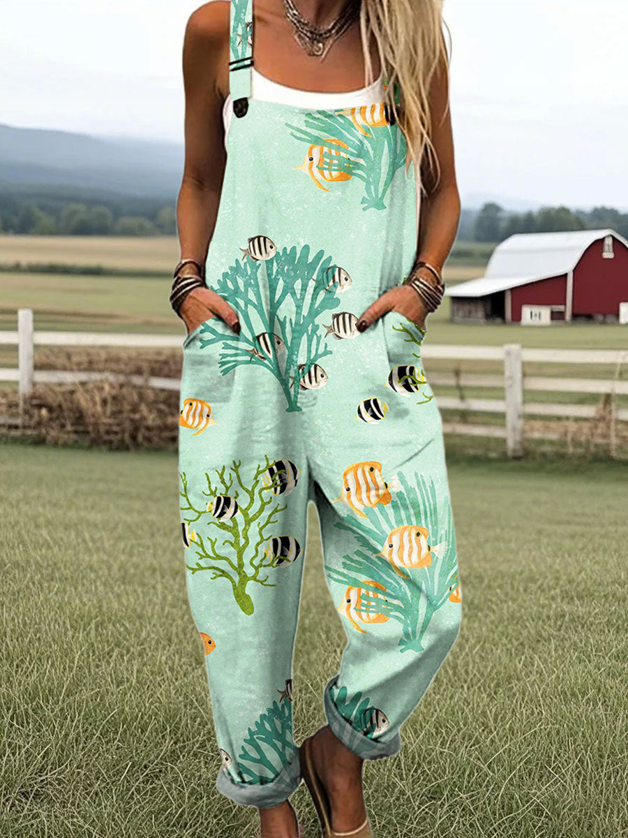 Women's Vintage Coral and Fish Art Print Casual 100% Cotton Wide Leg Jumpsuit
