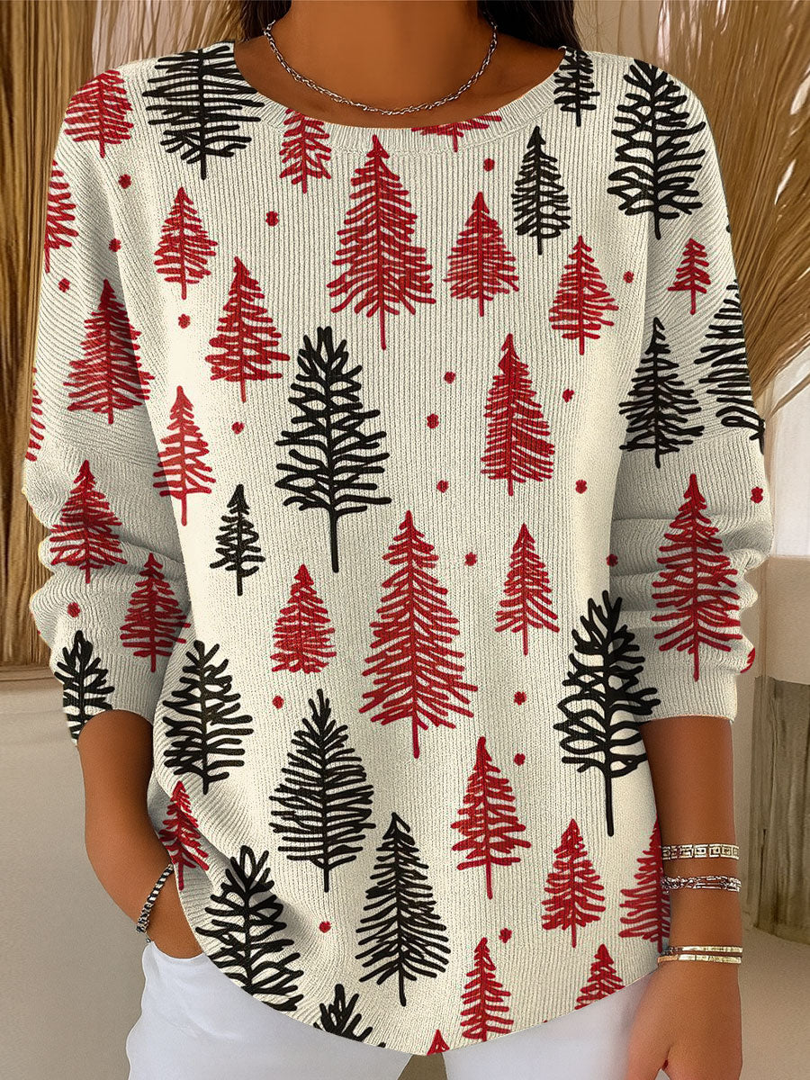 Women's Christmas Tree Art Print Casual Pullover Sweater