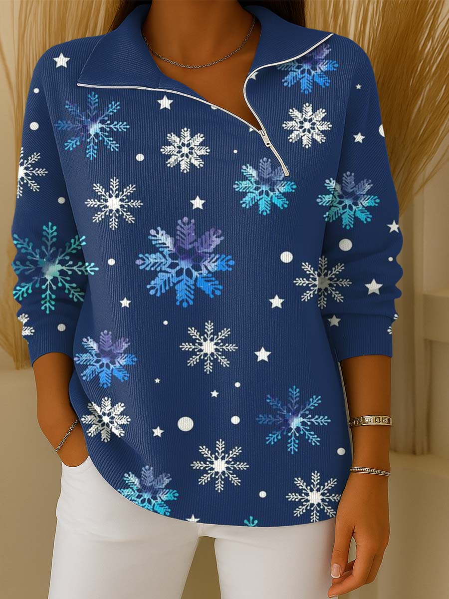 Women's Christmas Print Lapel Long Sleeve Casual Loose Pullover Sweater