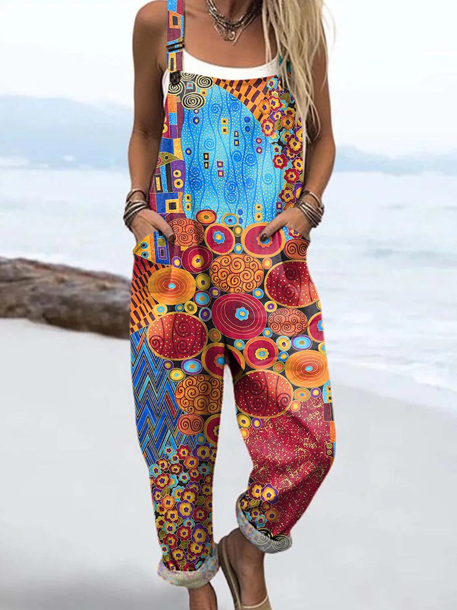 Women's Abstract Geometric Pattern Art Print Casual 100% Cotton Wide Leg Jumpsuit
